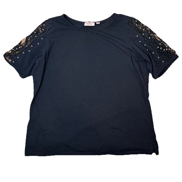Quacker Factory XL Top Short Sleeve Black Pearls Sheer Lace Cotton T-Shirt Women - Picture 1 of 9